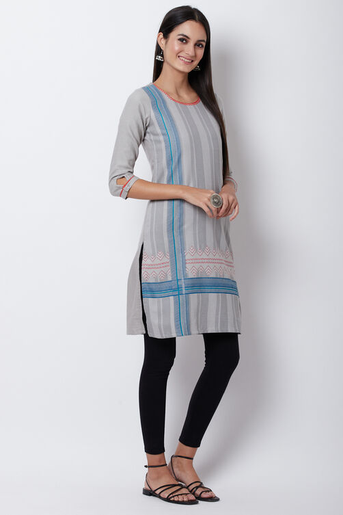 Grey Poly Cotton Straight Kurta image number 3