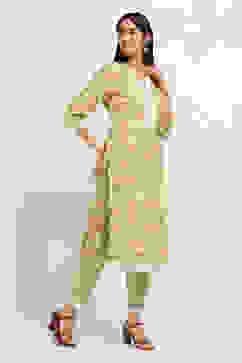 Green Cotton Floral Straight Kurta Set image number 5