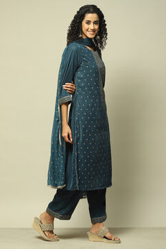 Teal Polyester Straight Printed Kurta Palazzo Suit Set image number 6