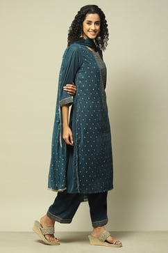 Teal Polyester Straight Printed Kurta Palazzo Suit Set image number 6