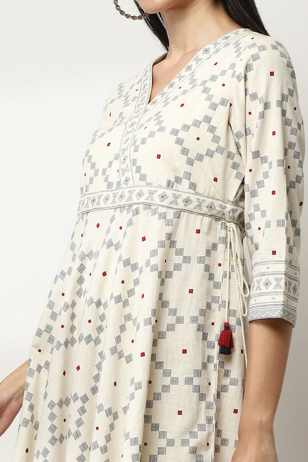 Off-White Cotton Printed Flared Dress image number 1