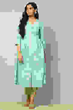 Aqua Blue Viscose Printed Gathered A-Line Kurta image number 5