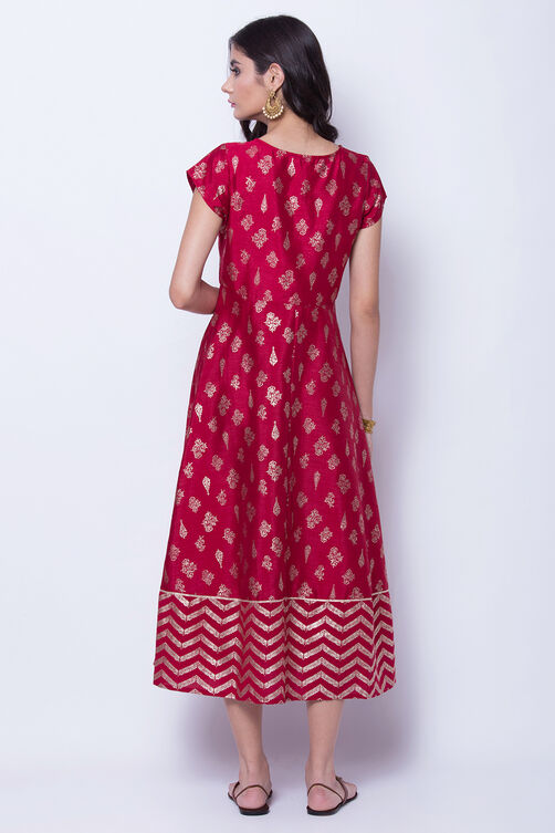Maroon Polyester Dupioni Flared Dress image number 4
