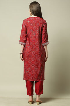 Deep Red Bandhani Straight Kurta & Salwar Suit Set image number 5
