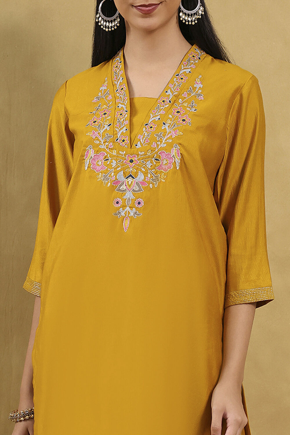 Mustard Polyester Solid Straight Kurta Pants Set image number 1