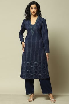 Navy Cotton Blend Straight Printed Kurta Palazzo Suit Set image number 6