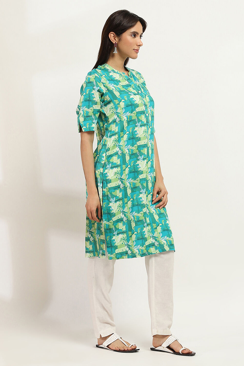 Teal Printed Straight Kurta image number 4