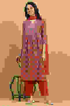 Brick Red Cotton Printed Gathered Suit Set image number 0