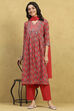 Brick Red Cotton Printed Gathered Suit Set