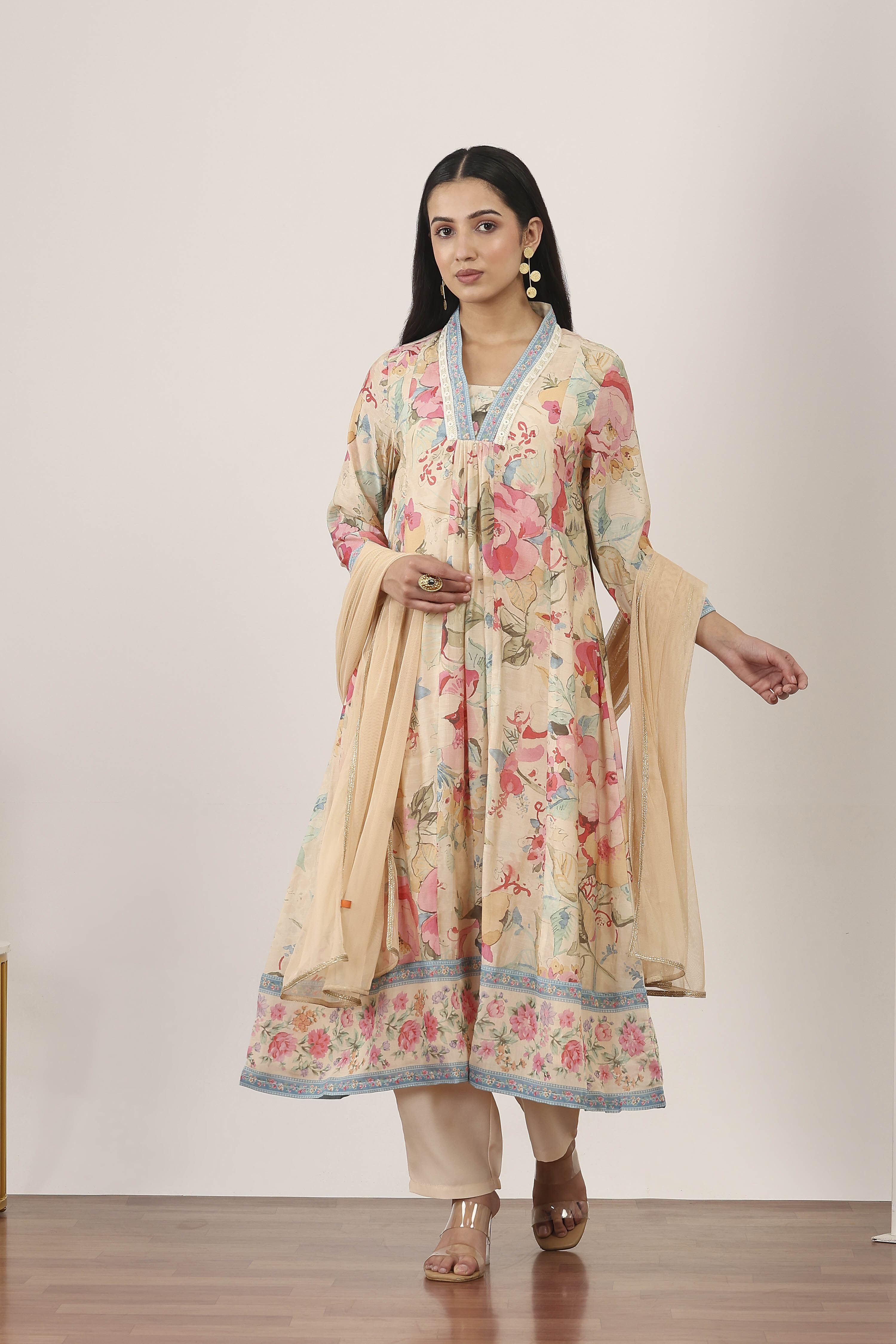 White Viscose Polyester Kalidar Suit Sets image number 6