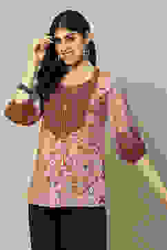 Cream Polyester Straight Printed Top image number 5