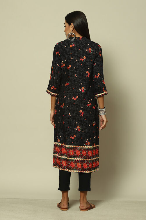 Black LIVA Straight Printed Kurta image number 4