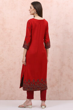 Red Art Silk Straight Suit Set image number 4
