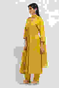 Yellow Rayon Slub Gathered Printed Kurta Palazzo Suit Set image number 3