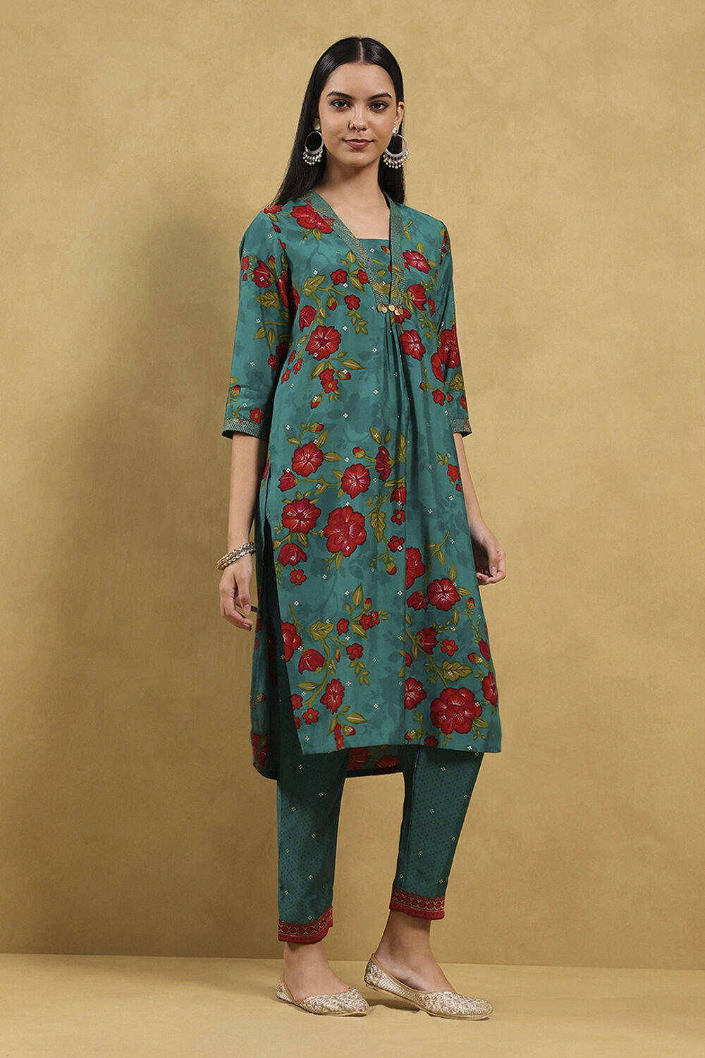 Teal Viscose Blend Printed Straight Kurta Pants Set image number 5