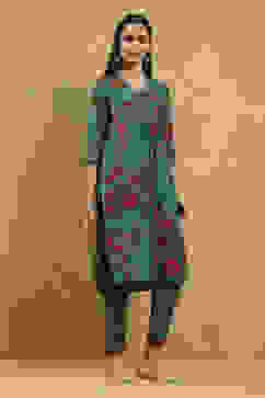 Teal Viscose Blend Printed Straight Kurta Pants Set image number 5