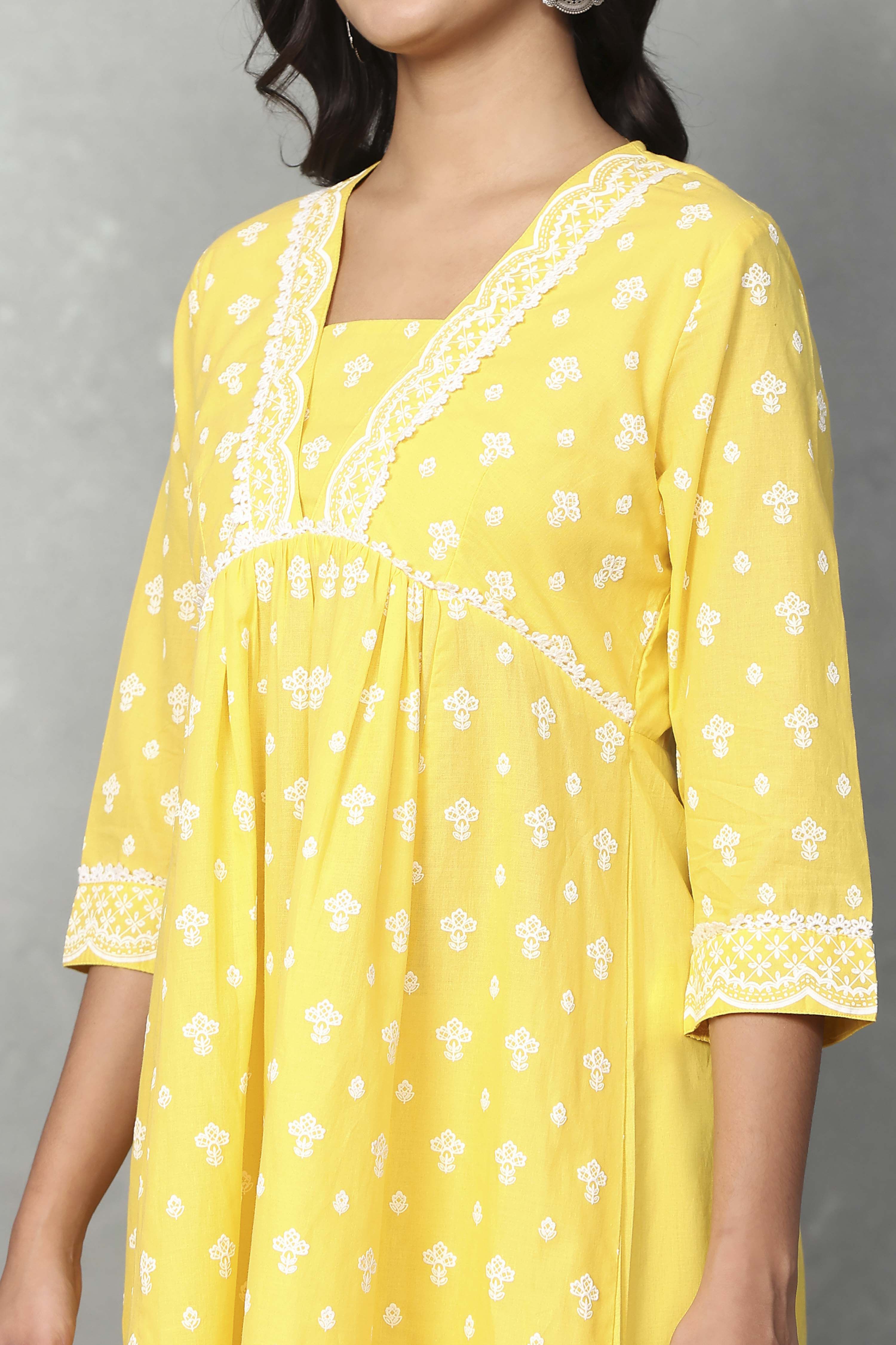 Yellow Cotton Gathered Suit Sets image number 1