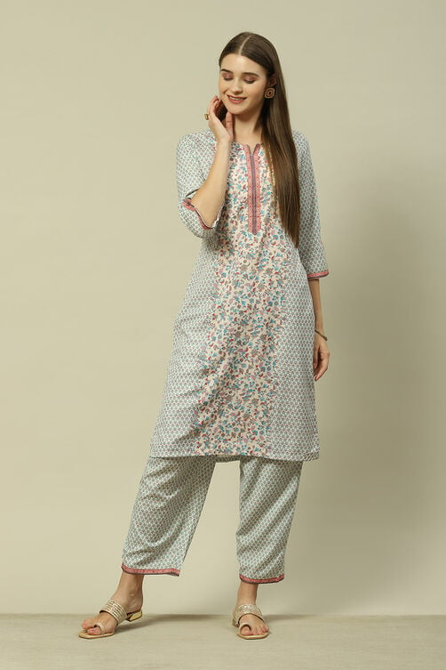 White Viscose Straight Printed Kurta Palazzo Suit Set image number 0