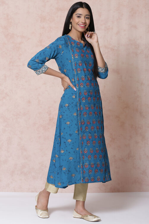 Petrol Blue LIVA A Line Kurta image number 3