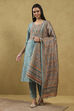 Blue Polyester Printed Straight Suit Set image number 6