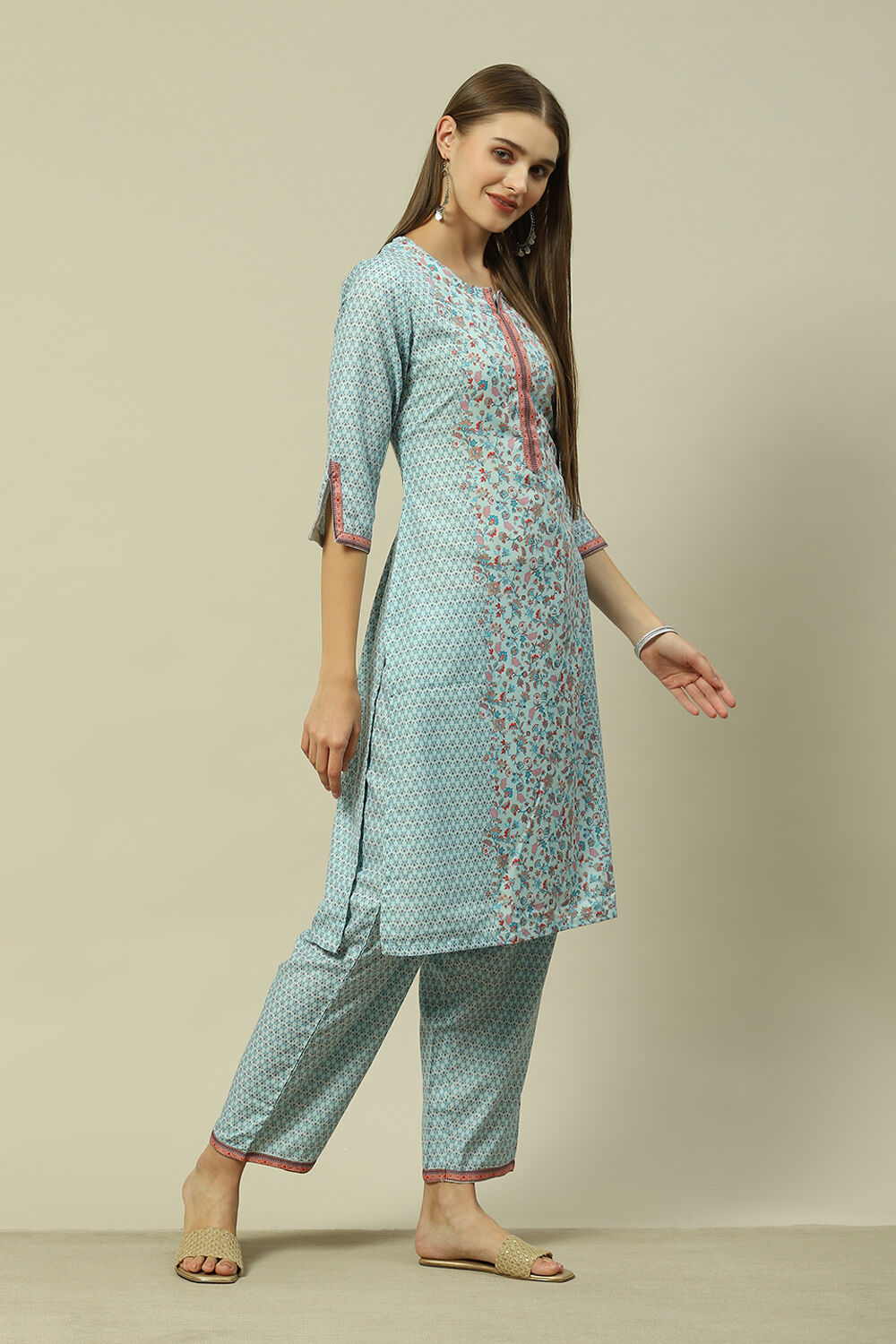 Aqua Blue Viscose Straight Printed Kurta Palazzo Suit Set image number 5