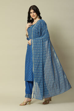 Blue LIVA Straight Printed Kurta Palazzo Suit Set image number 5