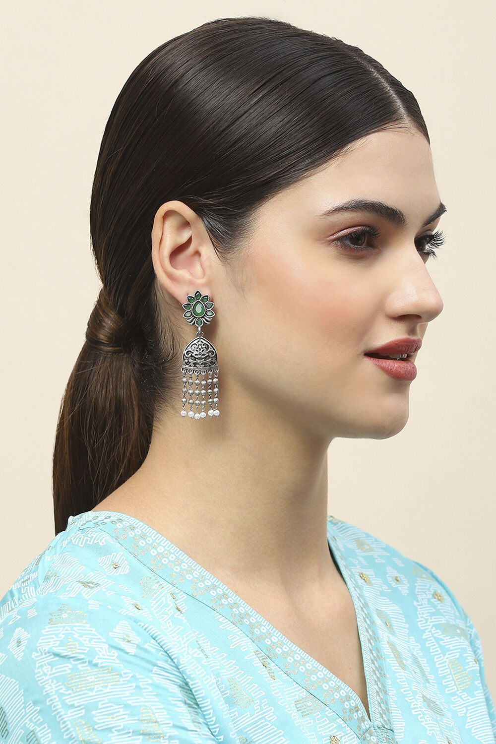 Green Oxidised Alloy Earrings image number 3