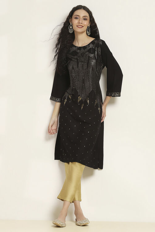 Black Viscose Rayon Printed Straight Kurta image number 0