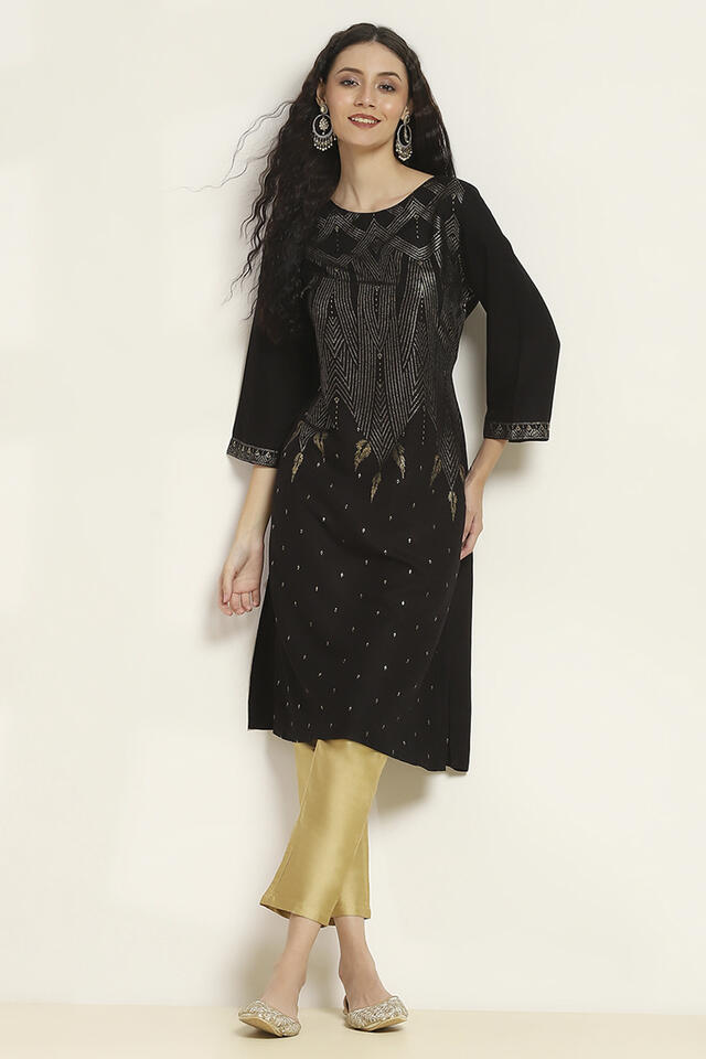 Rangriti Rayon Printed Straight Kurta in Black
