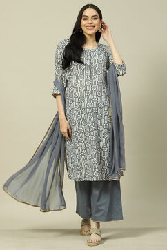 Grey Cotton Blend Woven Straight Kurta Suit Set image number 7
