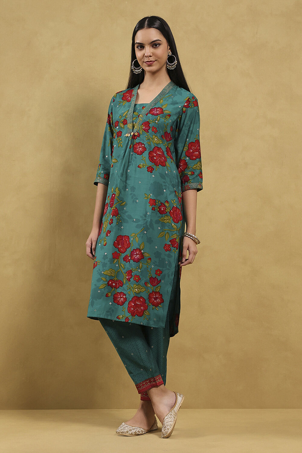 Teal Viscose Blend Printed Straight Kurta Pants Set image number 3