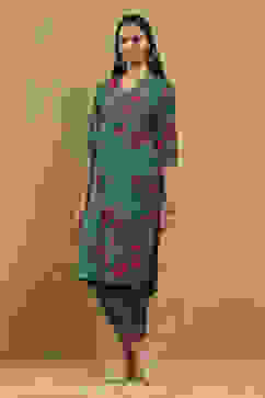 Teal Viscose Blend Printed Straight Kurta Pants Set image number 3