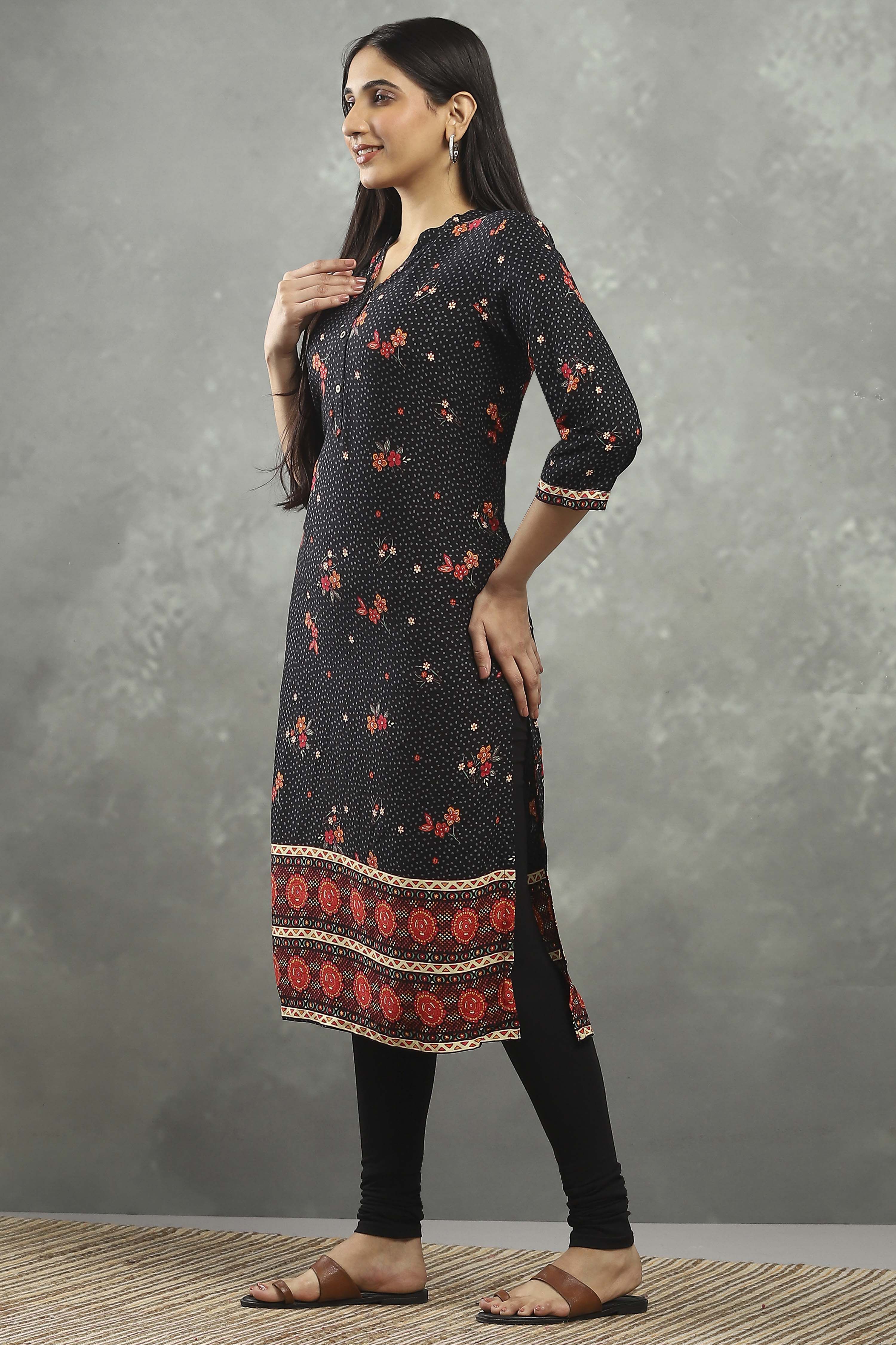 Black Viscose Straight Kurta Pants Set image number 3