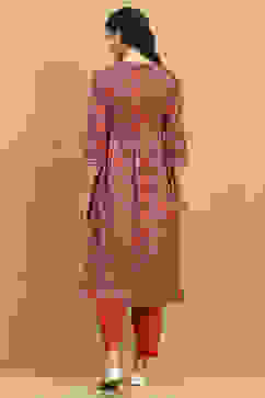 Brick Red Cotton Printed Gathered Suit Set image number 4