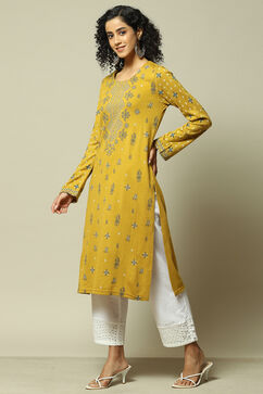 Yellow Acrylic Straight Printed Kurta image number 2