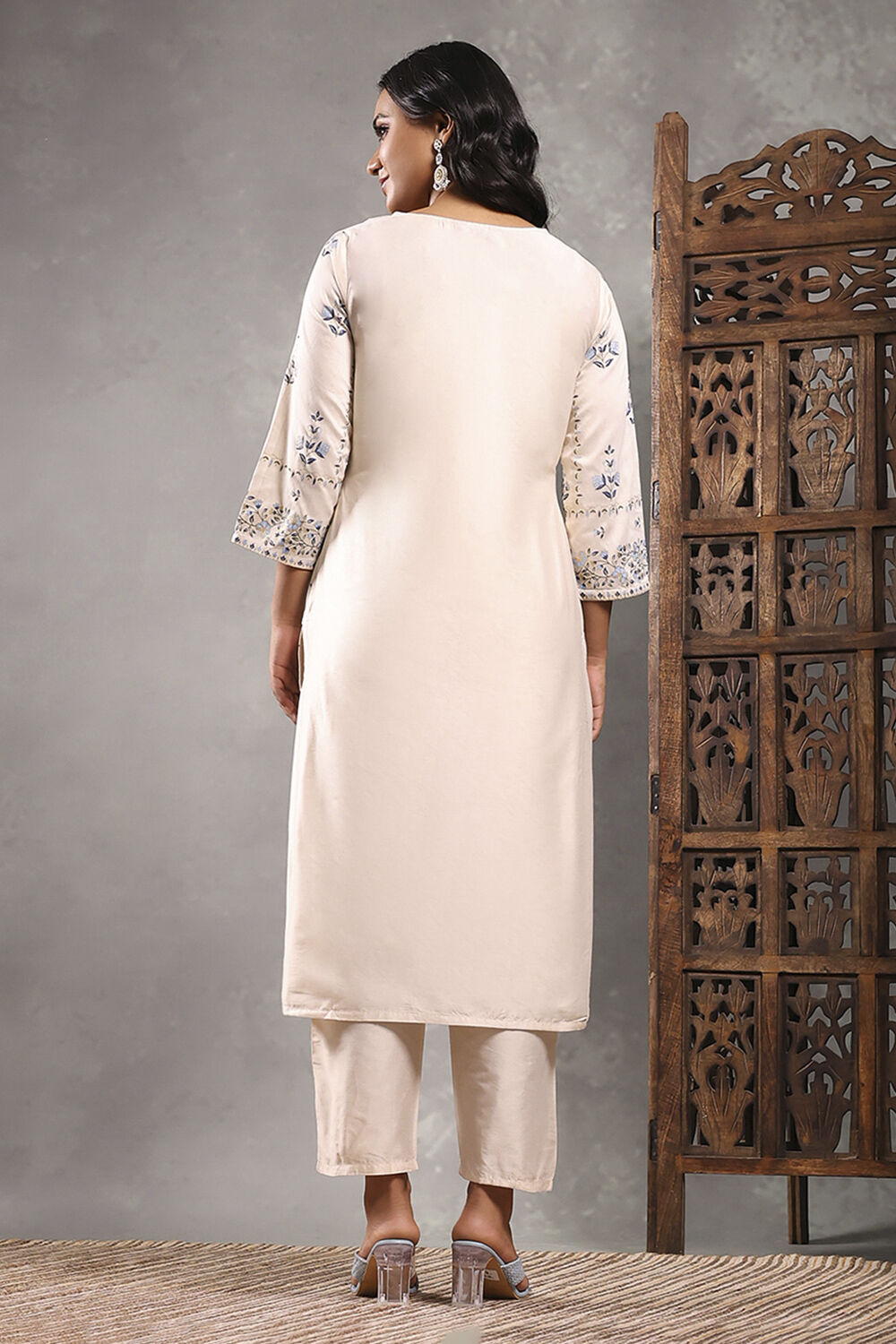 Aqua Viscose Blend Printed Straight Suit Set image number 4