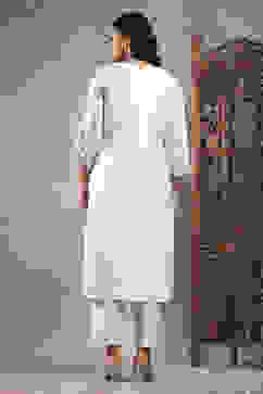 Off White Viscose Blend Printed Straight Suit Set image number 4