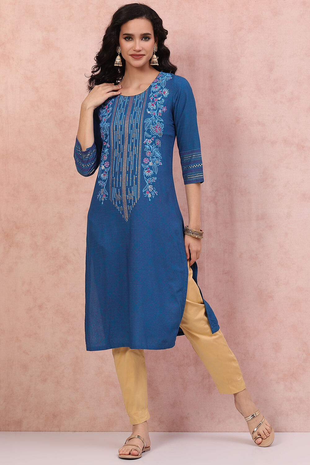 Cobalt Blue LIVA Straight Kurta image number 2