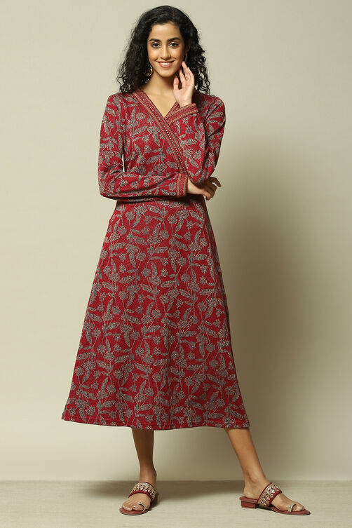 Maroon Jacquard Straight Printed Dress image number 0