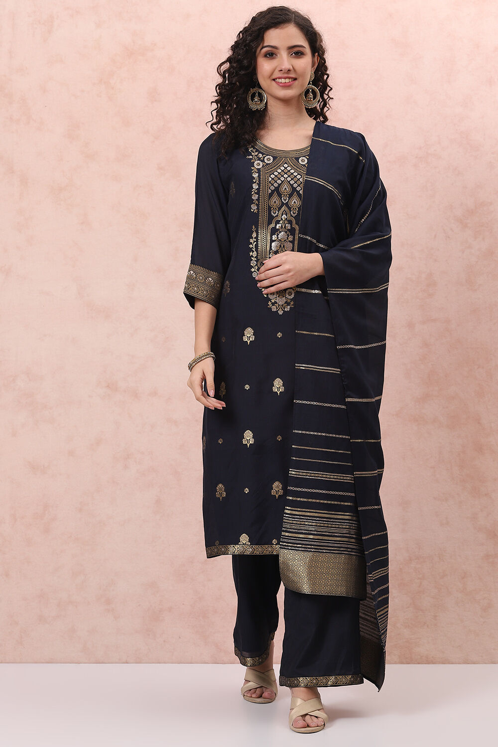 Navy Blue Art Silk Straight Suit Set image number 5