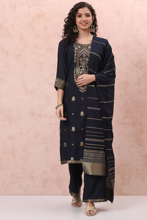 Navy Blue Art Silk Straight Suit Set image number 5