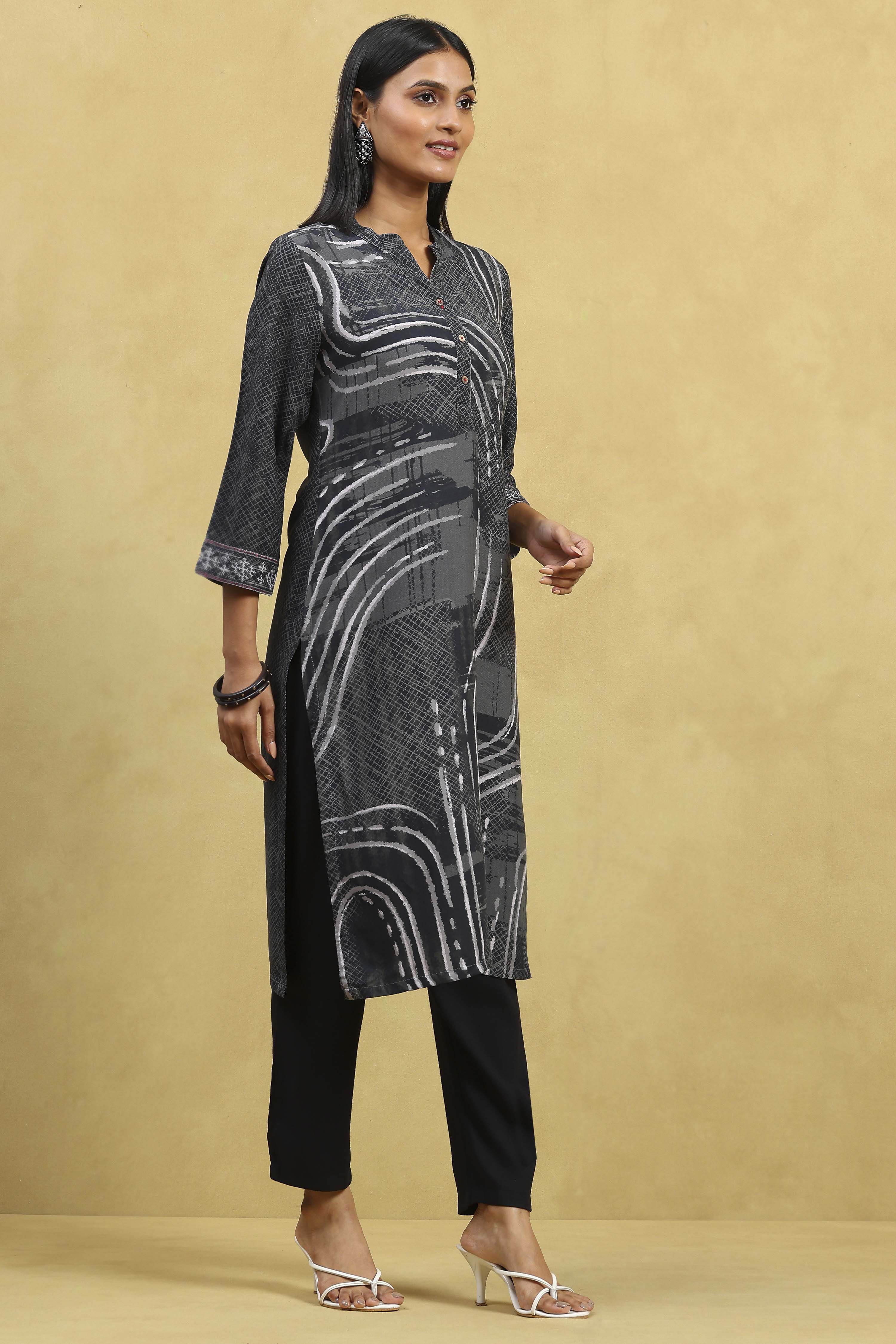 Grey Viscose Rayon Printed Straight Kurta image number 4