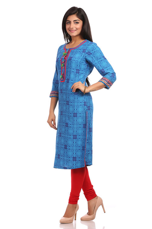 Blue Straight Cotton Kurta image number 3