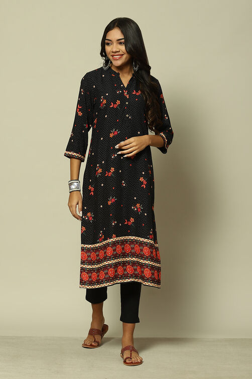 Black LIVA Straight Printed Kurta image number 5