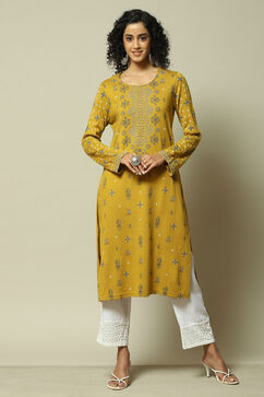 Yellow Acrylic Straight Printed Kurta image number 5