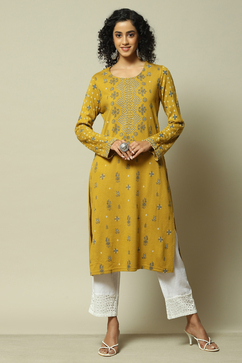 Yellow Acrylic Straight Printed Kurta image number 5