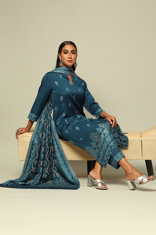 Blue Acrylic Straight Yarn Dyed Kurta Palazzo Suit Set image number 0