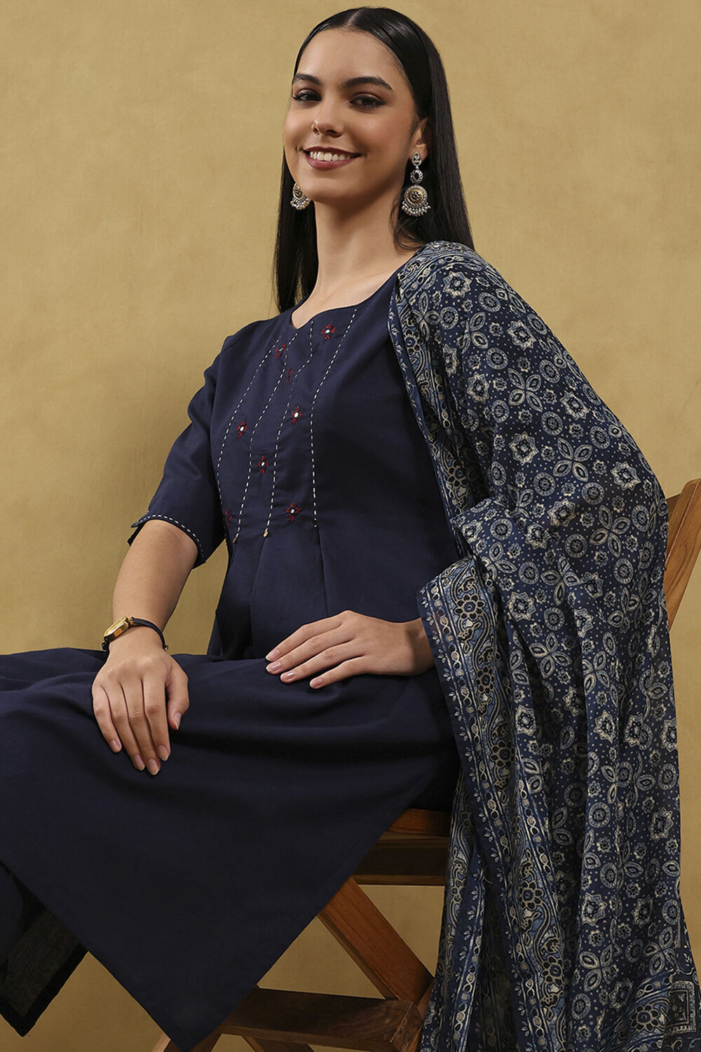 Indigo Blue Cotton Solid Gathered Suit Set image number 1