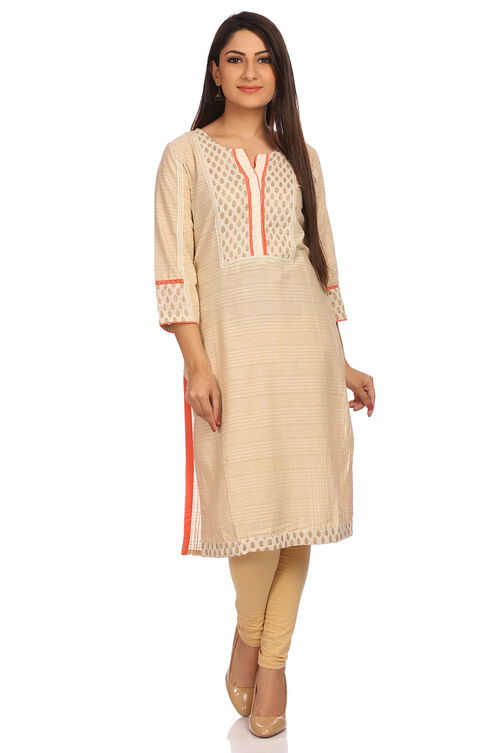 Beige Straight Cotton Kurta image number 0