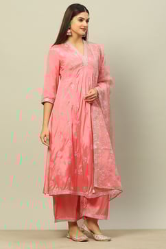 Dusty Pink Viscose Shantoon Kalidar Embroidered Kurta Palazzo Suit Set image number 5
